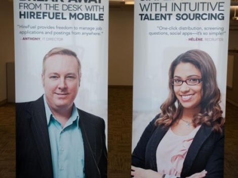 The purpose of these tradeshow banners is to highlight HireFuel's benefits to men and women who work in the fields of human resources and web-based information technology.