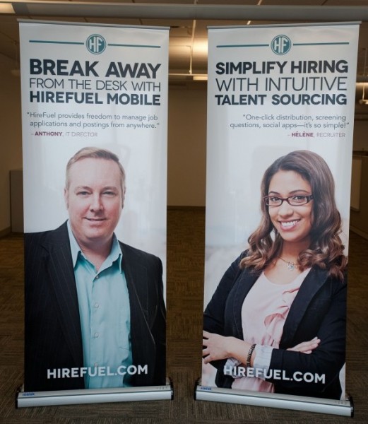 The purpose of these tradeshow banners is to highlight HireFuel's benefits to men and women who work in the fields of human resources and web-based information technology.