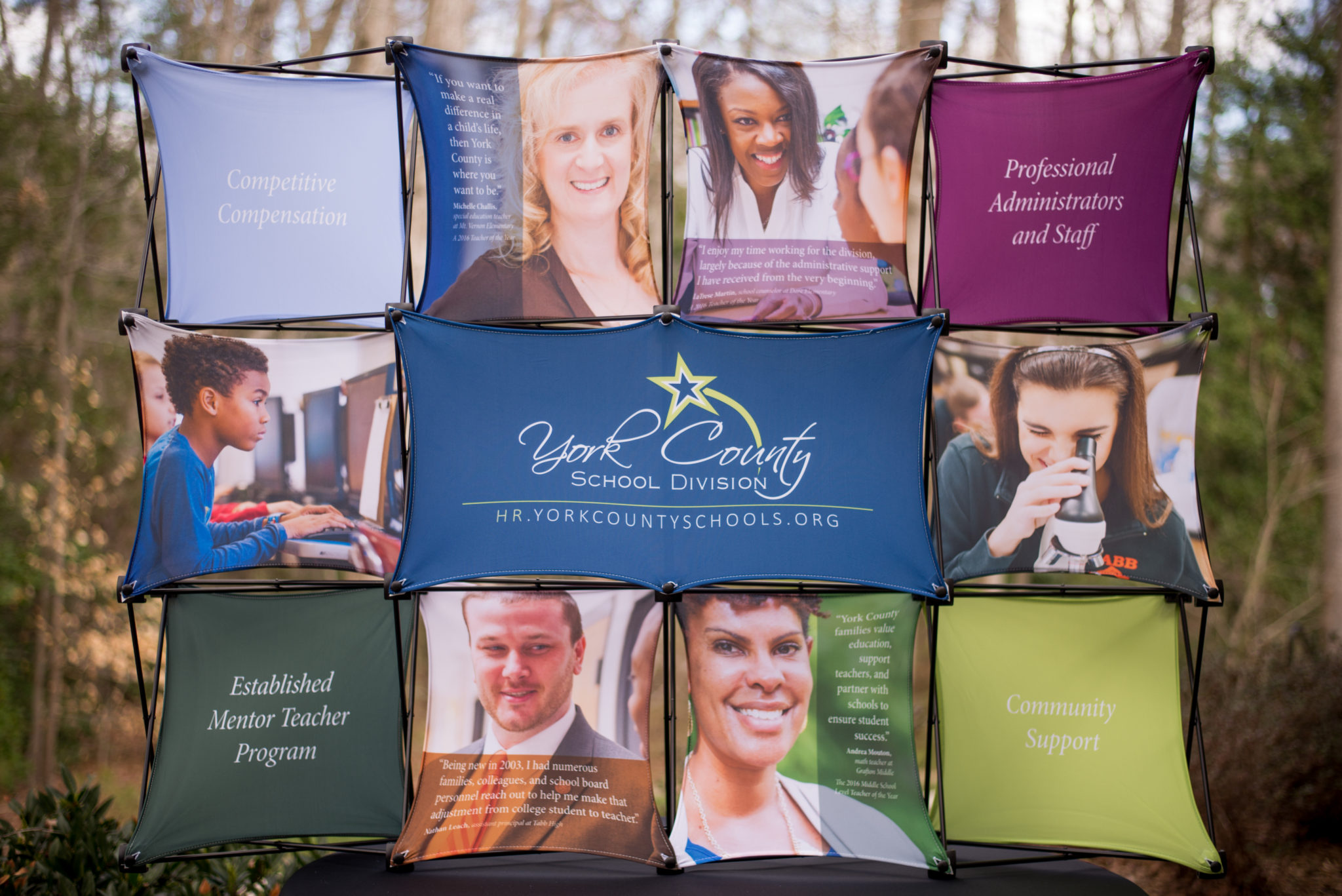 This award-winning campaign utilizes a job fair display, die cut handout, and website to garner more, quality applications for available teaching positions within YCSD. The strategic headers, quotes, and imagery consistently and cohesively touch the four main topics teachers are looking for in a school division: good compensation, helpful and caring administrators, professional development opportunities, and an engaged community.