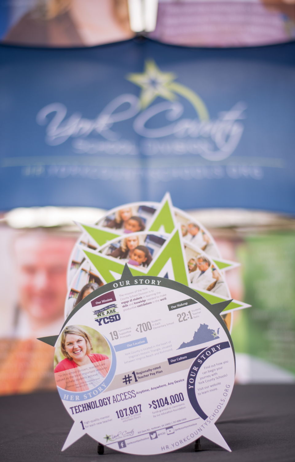 This award-winning campaign utilizes a job fair display, die cut handout, and website to garner more, quality applications for available teaching positions within YCSD. The strategic headers, quotes, and imagery consistently and cohesively touch the four main topics teachers are looking for in a school division: good compensation, helpful and caring administrators, professional development opportunities, and an engaged community.